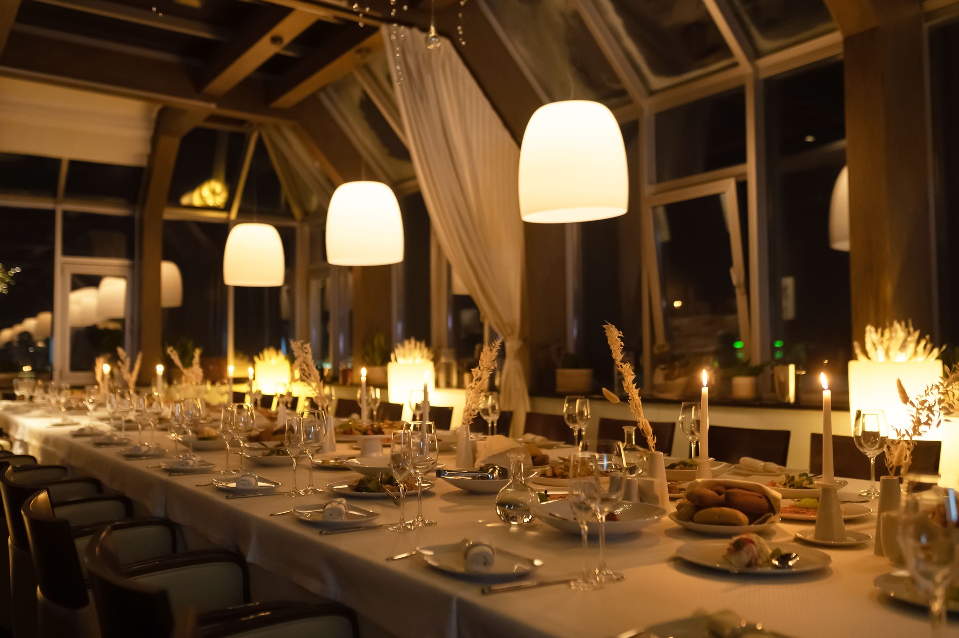 Elegant dining setup in a modern restaurant during the evening hours