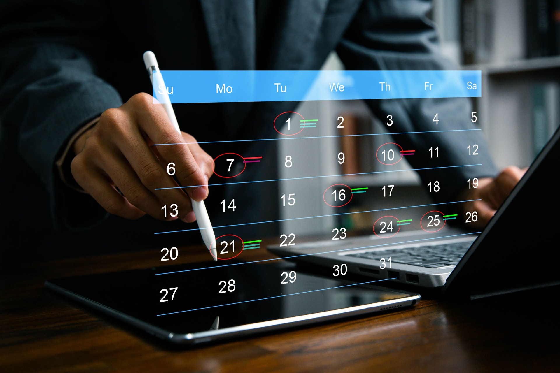 Time management and scheduling concept with calendar, Businessman manages time for effective work. appointment booking, event planning, productivity, Highlight appointment reminders.